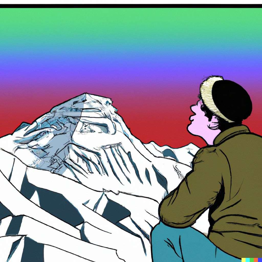 someone gazing at Mount Everest, retro comic art, triadic color scheme